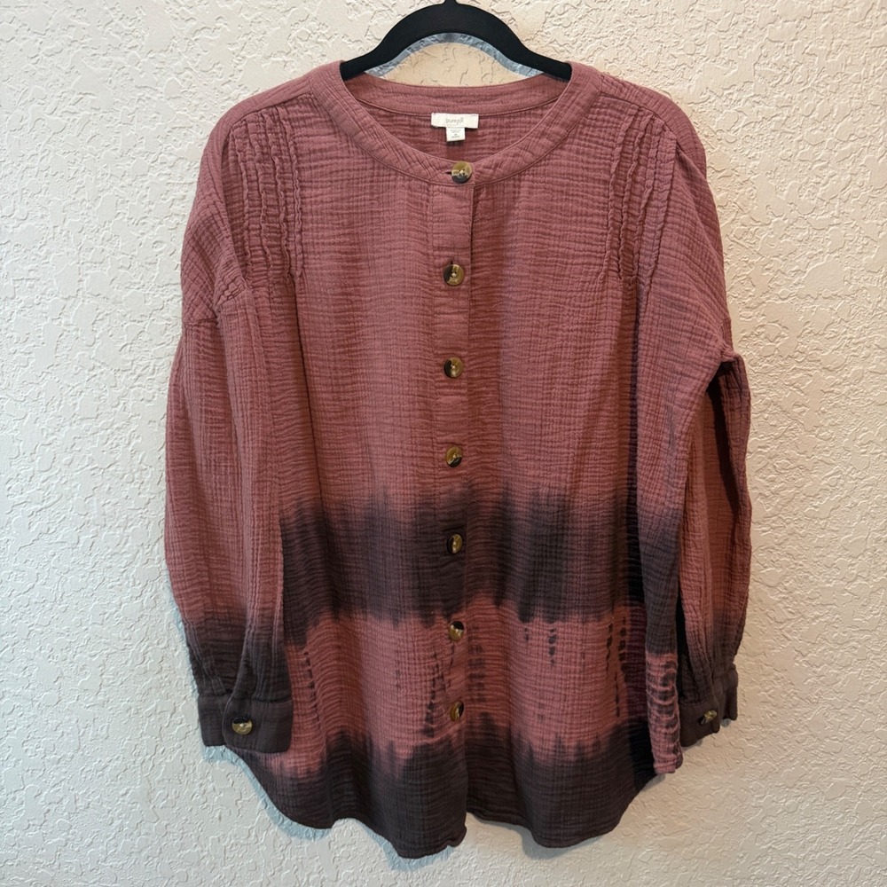 Pure Jill Tie Dye Gauze Tunic Size M Petite Boho Lagenlook Mauve Button Down
